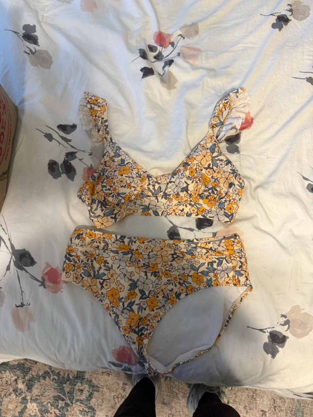 Floral Lace-Trim Bikini Set in Yellow Floral - Unbranded